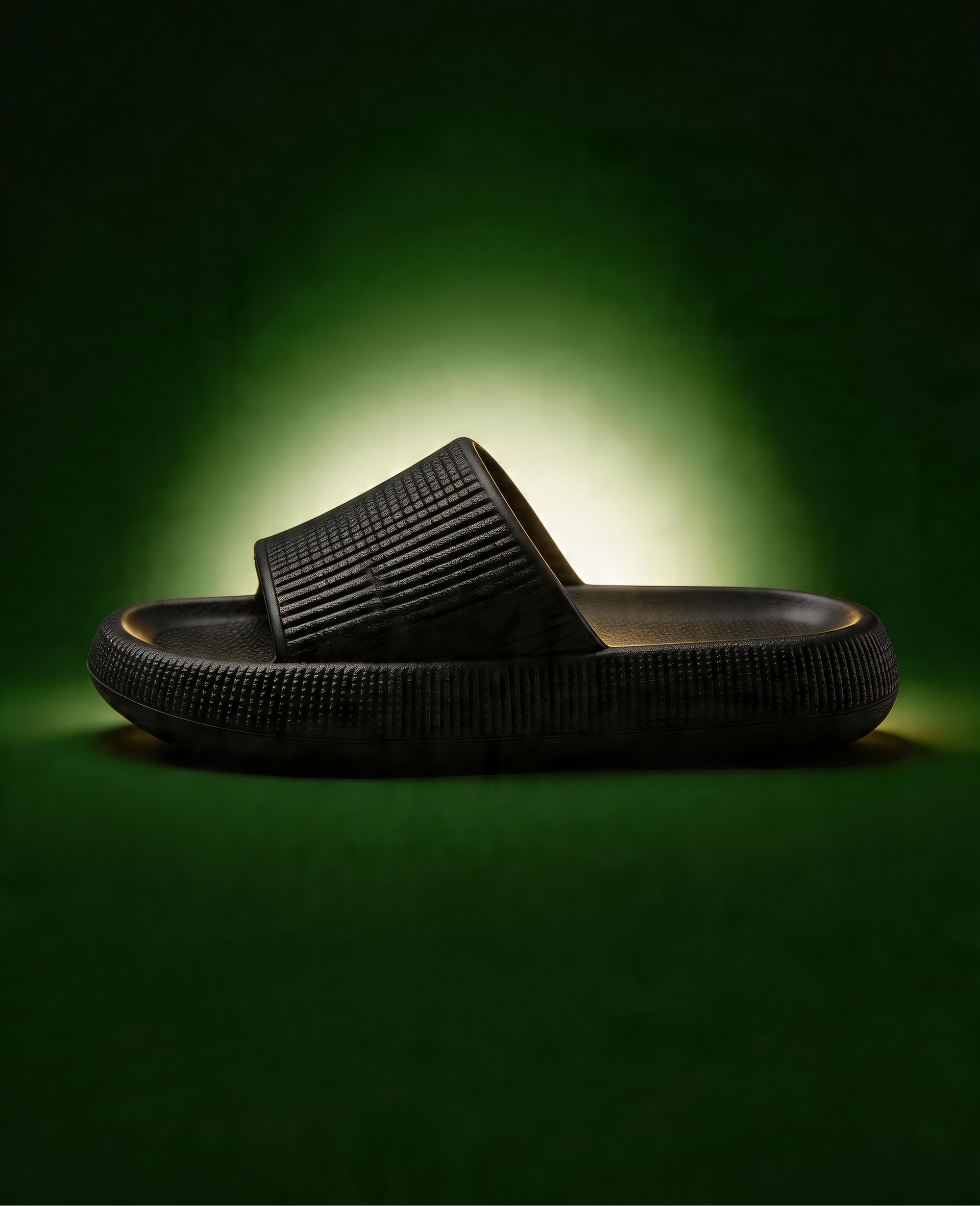 Black sandal on a dark green background