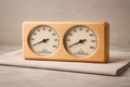 Wooden sauna thermometer and hygrometer on a neutral background