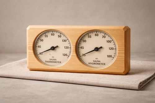 Wooden sauna thermometer and hygrometer on a neutral background